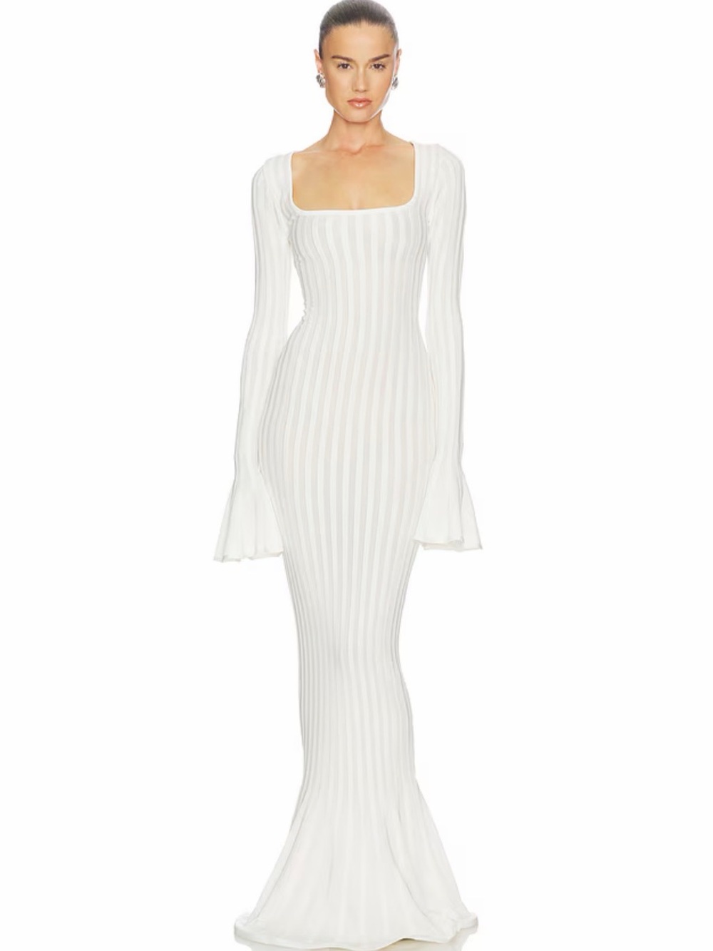 White Ribbed Long-Sleeve Maxi Dress with Square Neck